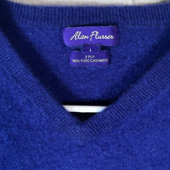 Alan Flusser Mens Blue 100% Cashmere 2 Ply V-Neck Sweater Size Large - Picture 2 of 6